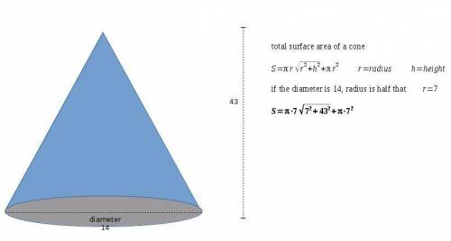What is the surface area of a conical grain storage tank that has a height of 43 meters and a diamet