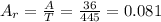 A_{r} = \frac{A}{T} = \frac{36}{445} = 0.081