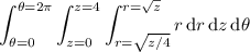 \displaystyle\int_{\theta=0}^{\theta=2\pi}\int_{z=0}^{z=4}\int_{r=\sqrt{z/4}}^{r=\sqrt z}r\,\mathrm dr\,\mathrm dz\,\mathrm d\theta