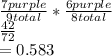 \frac{7purple}{9total} *  \frac{6purple}{8total}  \\  \frac{42}{72}  \\ =0.583