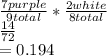\frac{7purple}{9total} *  \frac{2white}{8total}  \\  \frac{14}{72}  \\ =0.194