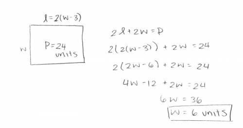 Arectangle has a perimeter of 24 units the length of the rectangle is 2 times 3less the width what i