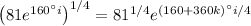 \left(81e^{160^\circ i}\right)^{1/4}=81^{1/4}e^{(160+360k)^\circ i/4}