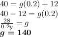 40 = g (0.2) +12\\40-12 = g (0.2)\\\frac{28}{0.2y} = g\\\boldsymbol{g = 140}