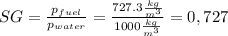 SG=\frac{p_{fuel} }{p_{water} } =\frac{727.3 \frac{kg }{m^{3} }}{1000 \frac{kg }{m^{3} }} =0,727