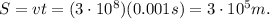 S=vt=(3\cdot 10^8)(0.001 s)=3 \cdot 10^5 m.