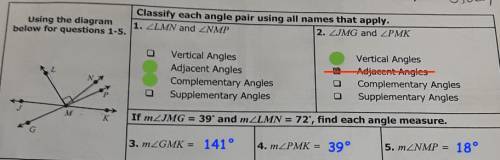 Classify each angle pair using all the names that apply using the diagram on the left , answering 1