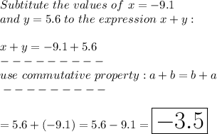 Subtitute\ the\ values\ of\ x=-9.1\\and\ y=5.6\ to\ the\ expression\ x+y:\\\\x+y=-9.1+5.6\\---------\\use\ commutative\ property:a+b=b+a\\\----------\\\\=5.6+(-9.1)=5.6-9.1=\huge\boxed{-3.5}