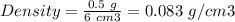 Density = \frac{0.5\ g}{6\ cm3} =0.083\ g/cm3