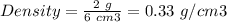 Density = \frac{2\ g}{6\ cm3} =0.33\ g/cm3