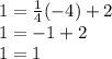 1 = \frac {1} {4} (- 4) +2\\1 = -1 + 2\\1 = 1