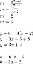 m=\frac{y2-y1}{x2-x1}\\m=\frac{14-8}{4-2}\\m=\frac{6}{2} \\m=3\\\\y-8=3(x-2)\\y=3x-6+8\\y=3x+2\\\\x=a, y=b\\b=3a+2\\