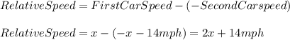 RelativeSpeed=FirstCarSpeed-(-SecondCarspeed)\\\\RelativeSpeed=x-(-x-14mph)=2x+14mph