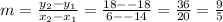 m = \frac{y_2 - y_1}{x_2-x_1} = \frac{18 - -18}{6--14} = \frac{36}{20} =\frac{9}{5}