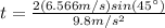 t=\frac{2(6.566 m/s)sin(45\°)}{9.8m/s^{2}}