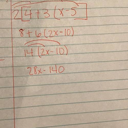How do you simplify this question step by stephen 2[4+3(x-5)]