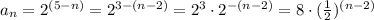 a_n=2^{(5-n)}=2^{3-(n-2)}=2^3\cdot2^{-(n-2)}=8\cdot (\frac{1}{2})^{(n-2)}