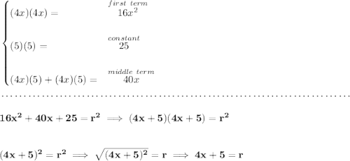 \bf \begin{cases} (4x)(4x)=&\stackrel{first~term}{16x^2}\\\\ (5)(5)=&\stackrel{constant}{25}\\\\ (4x)(5)+(4x)(5)=&\stackrel{middle~term}{40x} \end{cases} \\\\[-0.35em] ~\dotfill\\\\ 16x^2+40x+25=r^2\implies (4x+5)(4x+5)=r^2 \\\\\\ (4x+5)^2=r^2\implies \sqrt{(4x+5)^2}=r\implies 4x+5=r