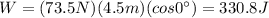 W=(73.5 N)(4.5 m)(cos 0^{\circ})=330.8 J