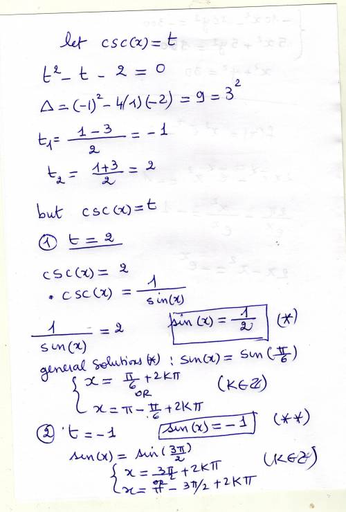Find all solutions of csc^2-cscx-2=0