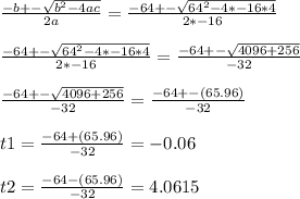 \frac{-b+-\sqrt{b^{2}-4ac } }{2a}=\frac{-64+-\sqrt{64^{2}-4*-16*4} }{2*-16}\\\\\frac{-64+-\sqrt{64^{2}-4*-16*4} }{2*-16}=\frac{-64+-\sqrt{4096+256} }{-32}\\\\\frac{-64+-\sqrt{4096+256} }{-32}=\frac{-64+-(65.96) }{-32}\\\\t1=\frac{-64+(65.96) }{-32}=-0.06\\\\t2=\frac{-64-(65.96) }{-32}=4.0615