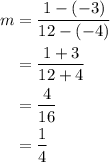 \begin{aligned}m&=\frac{{1 - \left({ - 3}\right)}}{{12 - \left({ - 4}\right)}}\\&=\frac{{1 + 3}}{{12 + 4}}\\&=\frac{4}{{16}}\\&=\frac{1}{4}\\\end{aligned}
