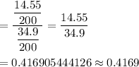 =\dfrac{\dfrac{14.55}{200}}{\dfrac{34.9}{200}}=\dfrac{14.55}{34.9}\\\\=0.416905444126\approx0.4169