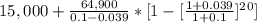 15,000+\frac{64,900}{0.1-0.039}*[1-[\frac{1+0.039}{1+0.1}]^2^0]