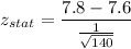 z_{stat} = \displaystyle\frac{7.8-7.6}{\frac{1}{\sqrt{140}}}