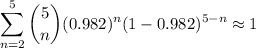 \displaystyle\sum_{n=2}^5\binom5n(0.982)^n(1-0.982)^{5-n}\approx1