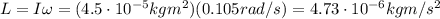 L=I\omega =(4.5\cdot 10^{-5} kg m^2)(0.105 rad/s)=4.73\cdot 10^{-6} kg m/s^2