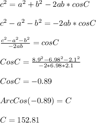 c^{2} =a^{2} +b^{2} -2ab*cosC\\\\c^{2} -a^{2} -b^{2}= -2ab*cosC\\\\\frac{c^{2} -a^{2} -b^{2}}{-2ab}=cosC\\ \\CosC=\frac{8.9^{2} -6.98^{2} -2.1^{2}}{-2*6.98*2.1}\\ \\CosC=-0.89\\\\ArcCos(-0.89)=C\\\\C=152.81