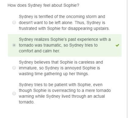 How does sydney feel about sophie?  sydney is terrified of the oncoming storm and doesn't want to be