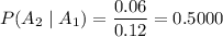 P(A_2\mid A_1)=\dfrac{0.06}{0.12}=0.5000
