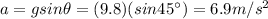 a=g sin \theta = (9.8)(sin 45^{\circ})=6.9 m/s^2