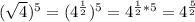 ( \sqrt{4} ) ^{5} =( 4^{ \frac{1}{2}} )^{5} = 4^{ \frac{1}{2}*5}=4^{ \frac{5}{2}}