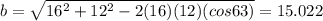 b=\sqrt{16^{2}+12^{2}-2(16)(12)(cos63)}= 15.022
