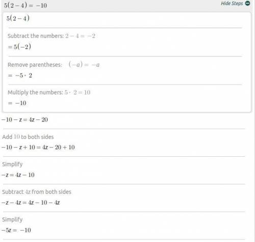 Solve the equation 5(z-4)-z=4z-20