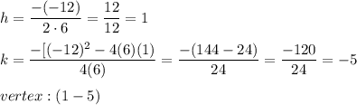 h=\dfrac{-(-12)}{2\cdot6}=\dfrac{12}{12}=1\\\\k=\dfrac{-[(-12)^2-4(6)(1)}{4(6)}=\dfrac{-(144-24)}{24}=\dfrac{-120}{24}=-5\\\\vertex:(1-5)