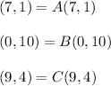 (7,1)=A(7,1) \\ \\ (0,10)=B(0,10) \\ \\ (9,4)=C(9,4)