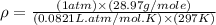 \rho=\frac{(1atm)\times (28.97g/mole)}{(0.0821L.atm/mol.K)\times (297K)}