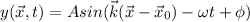 y(\vec{x},t) = A sin ( \vec{k} (\vec{x}-\vec{x}_0) - \omega t + \phi)