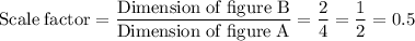 \rm Scale \; factor = \dfrac{Dimension \; of \; figure\;  B }{Dimension \; of \; figure\;  A }  = \dfrac{2 }{4 } = \dfrac{1}{2} =0.5