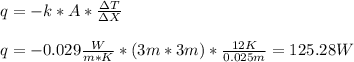 q=-k*A*\frac{\Delta T}{\Delta X}\\\\q=-0.029\frac{W}{m*K}*(3m*3m)*\frac{12K}{0.025m}  =125.28W
