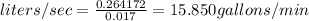 liters/sec=\frac{0.264172}{0.017}=15.850gallons/min