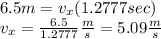 6.5 m=v_x (1.2777sec)\\v_x=\frac{6.5}{1.2777} \frac{m}{s} = 5.09 \frac{m}{s}