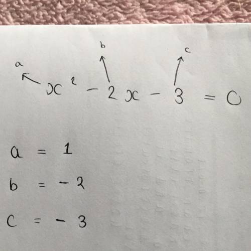 Rhett is solving the quadratic equation 0= x2 – 2x – 3 using the quadratic formula. which shows the