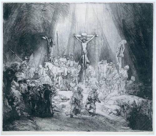 In rembrandt van rijn’s the three crosses, how did the artist create a darkening landscape as the ey