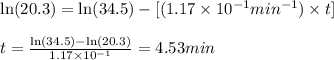 \ln (20.3)=\ln (34.5)-[(1.17\times 10^{-1}min^{-1})\times t]}\\\\t=\frac{\ln(34.5)-\ln(20.3)}{1.17\times 10^{-1}}=4.53min