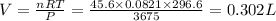 V=\frac{nRT}{P}=\frac{45.6\times 0.0821\times 296.6}{3675}=0.302L